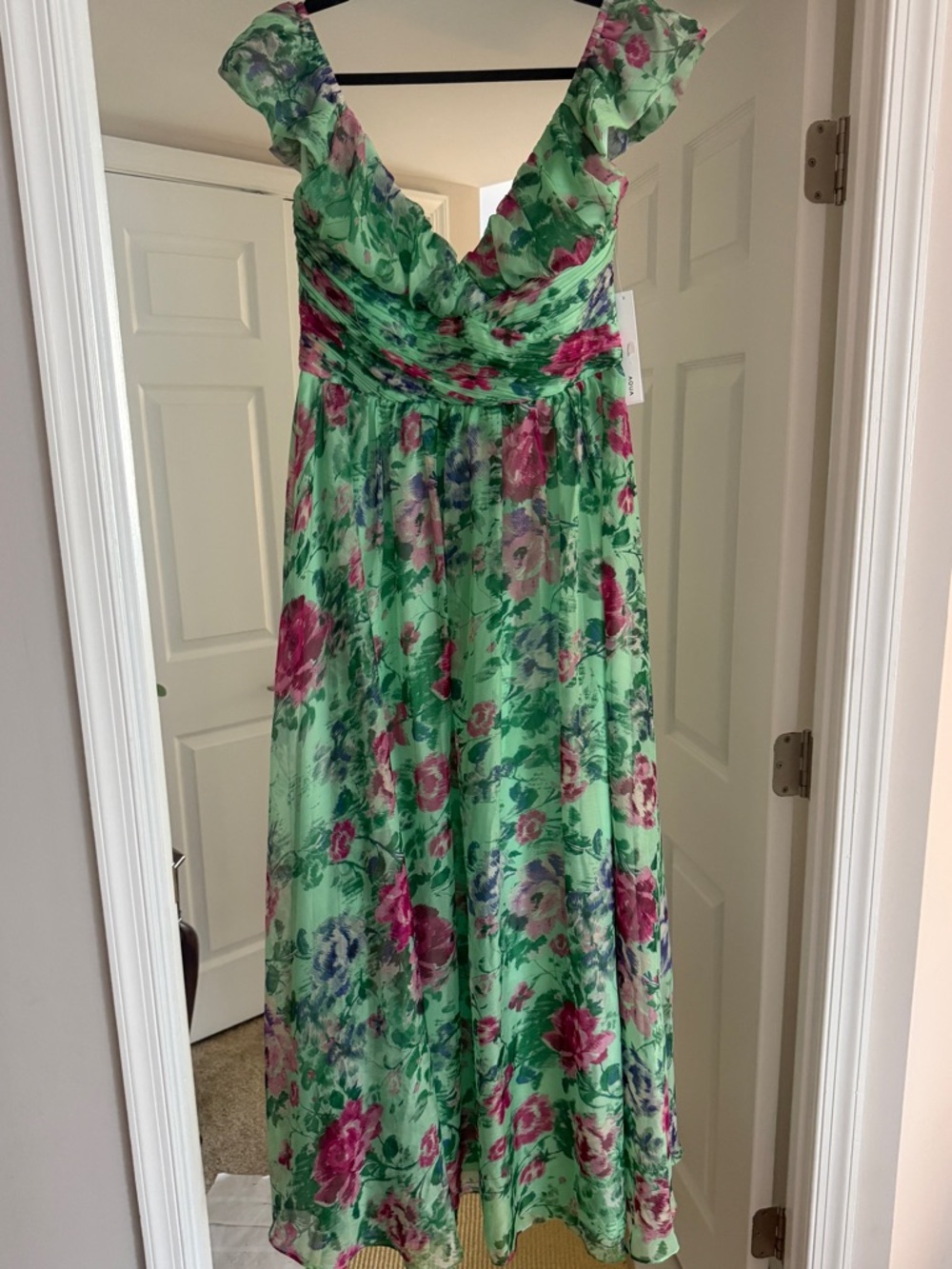 Aqua Mint Floral Maxi Dress with Pink & Green Accents - Picture 2 of 4